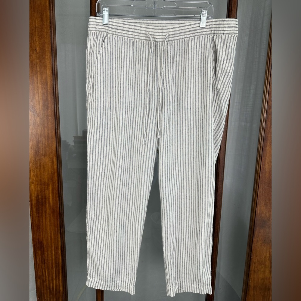 Gap Womens Easy Pant Sz Large Yellow Pull On Linen Blend High Rise Stripe Pocket
